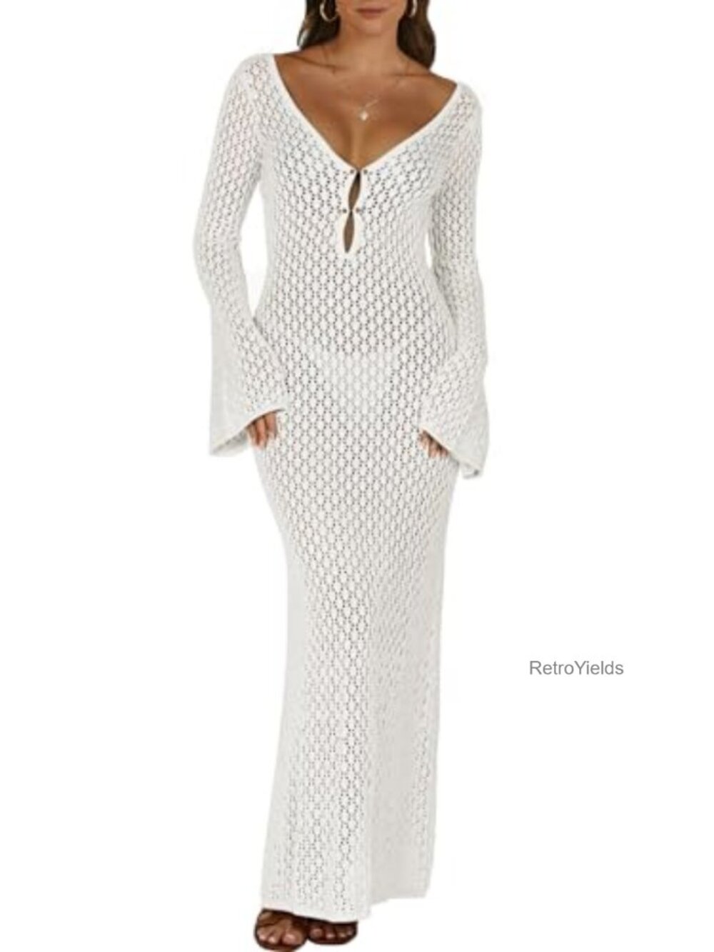 Women Knit Crochet Swim Cover Up V-Neck Hollow Out Beach Dress